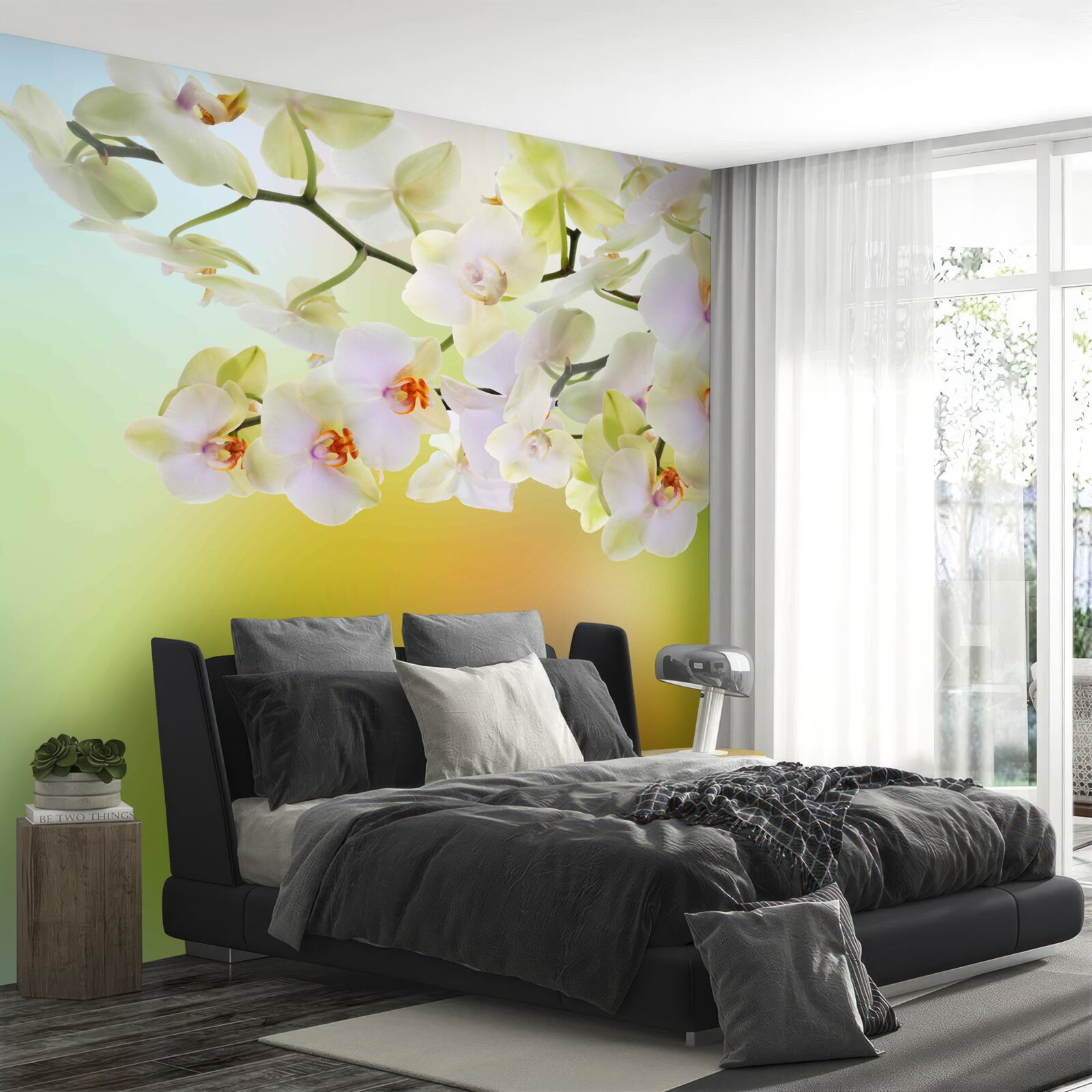 Fotobehang sneeuwwitte knoppen en orchideeën bloeien op de takken