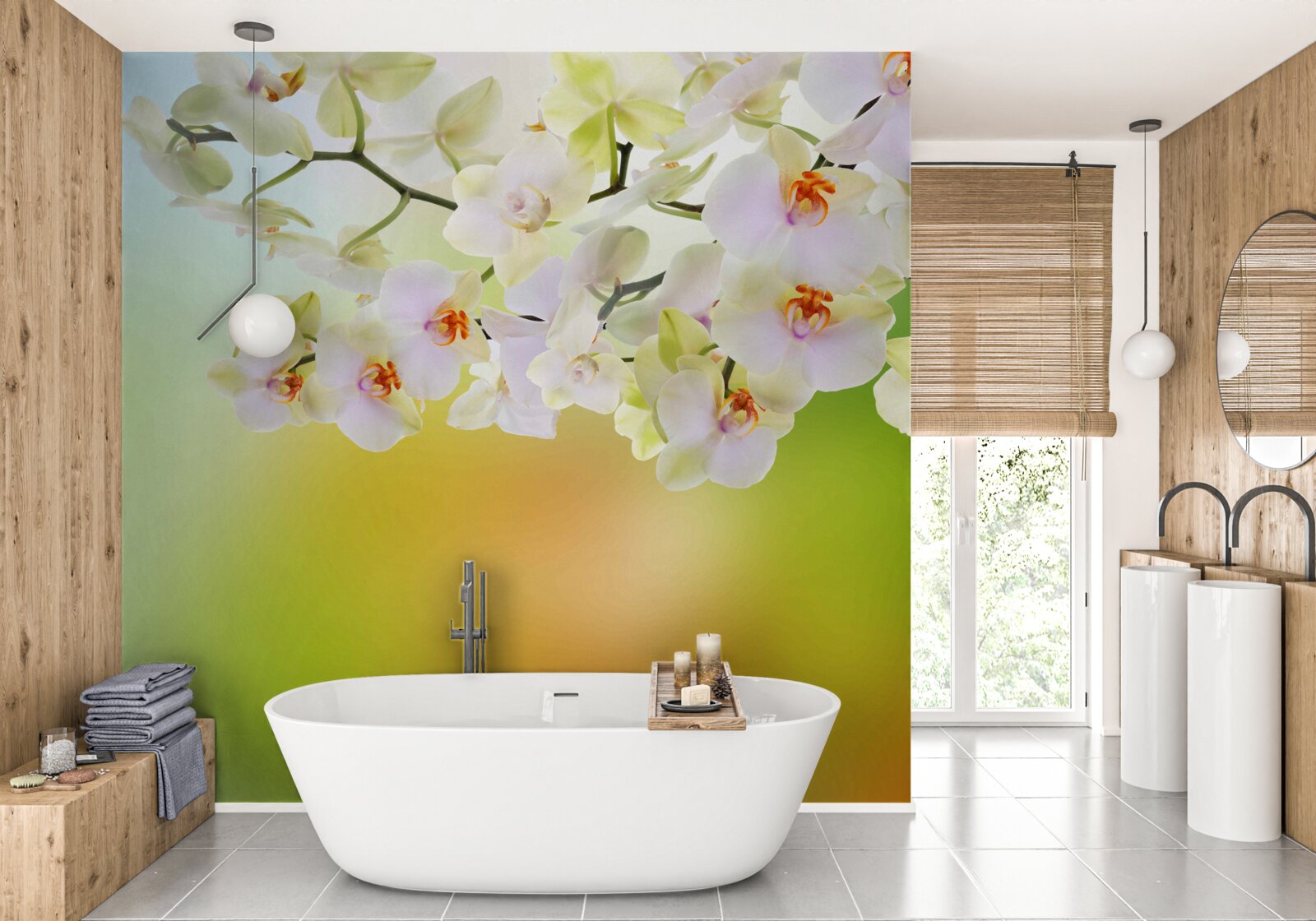 Fotobehang sneeuwwitte knoppen en orchideeën bloeien op de takken