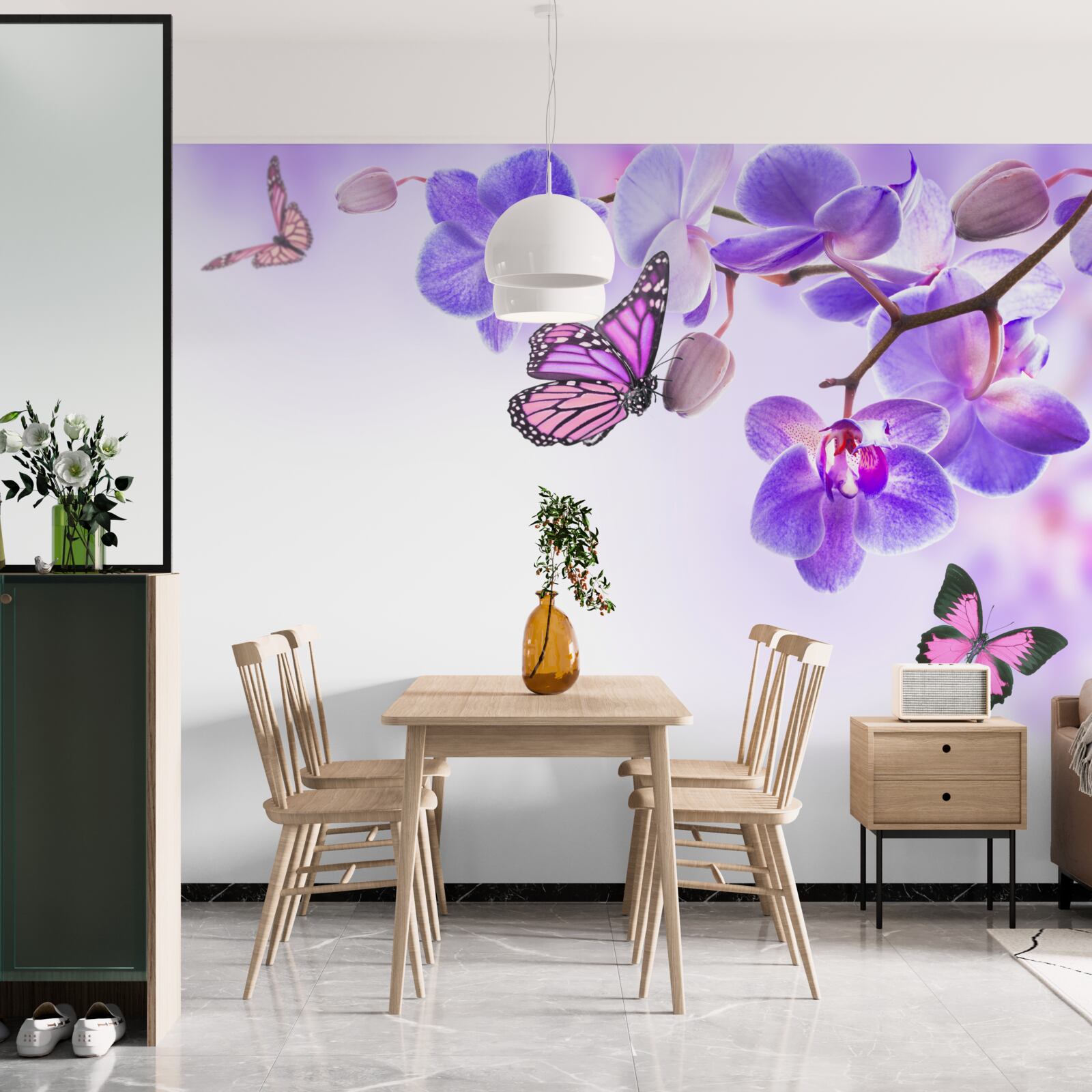Fotobehang vlinders zweven over orchideeën met violetblauwe bloemblaadjes