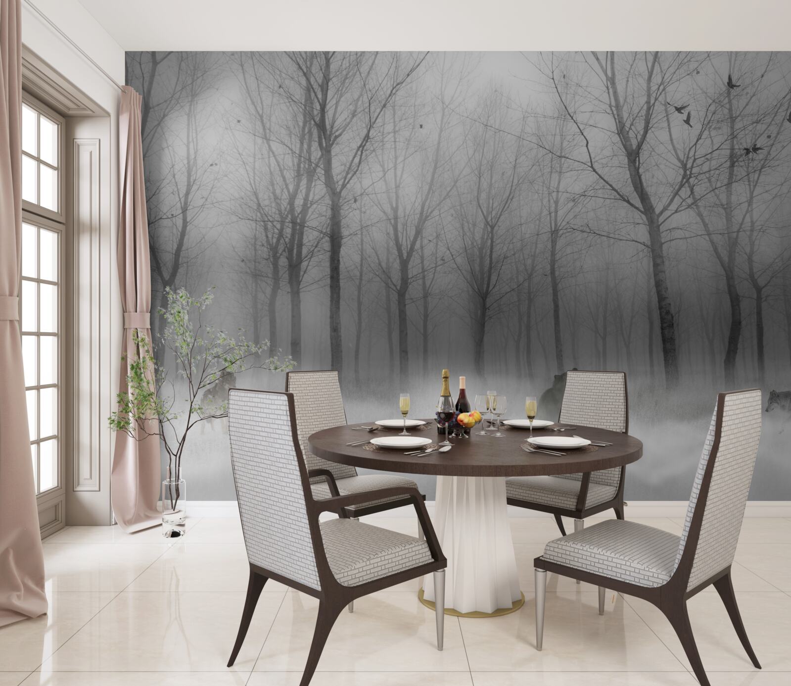 Fotobehang een winterdag in het bos, gehuld in mist