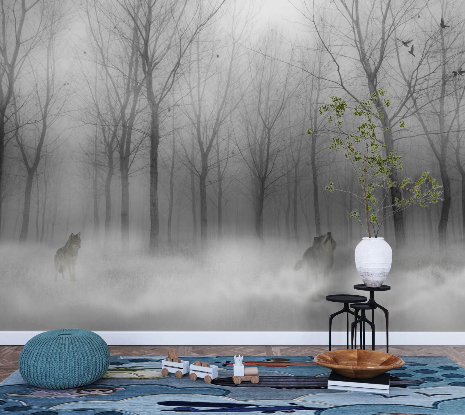 Fotobehang een winterdag in het bos, gehuld in mist