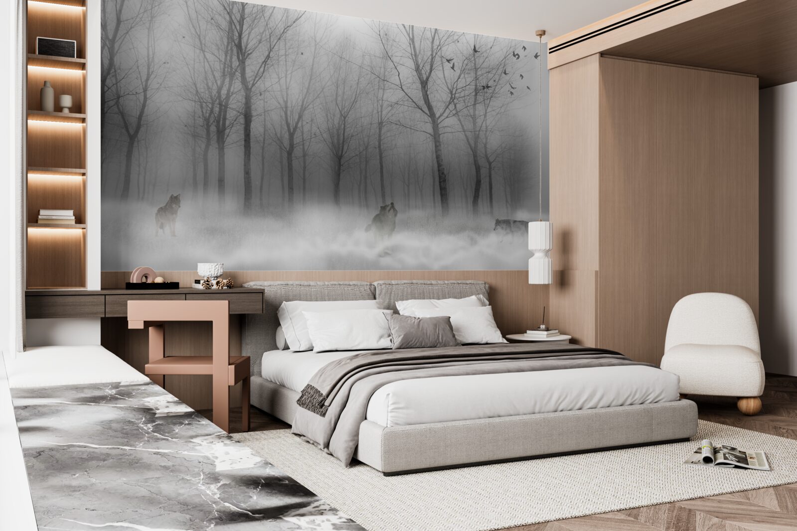 Fotobehang een winterdag in het bos, gehuld in mist