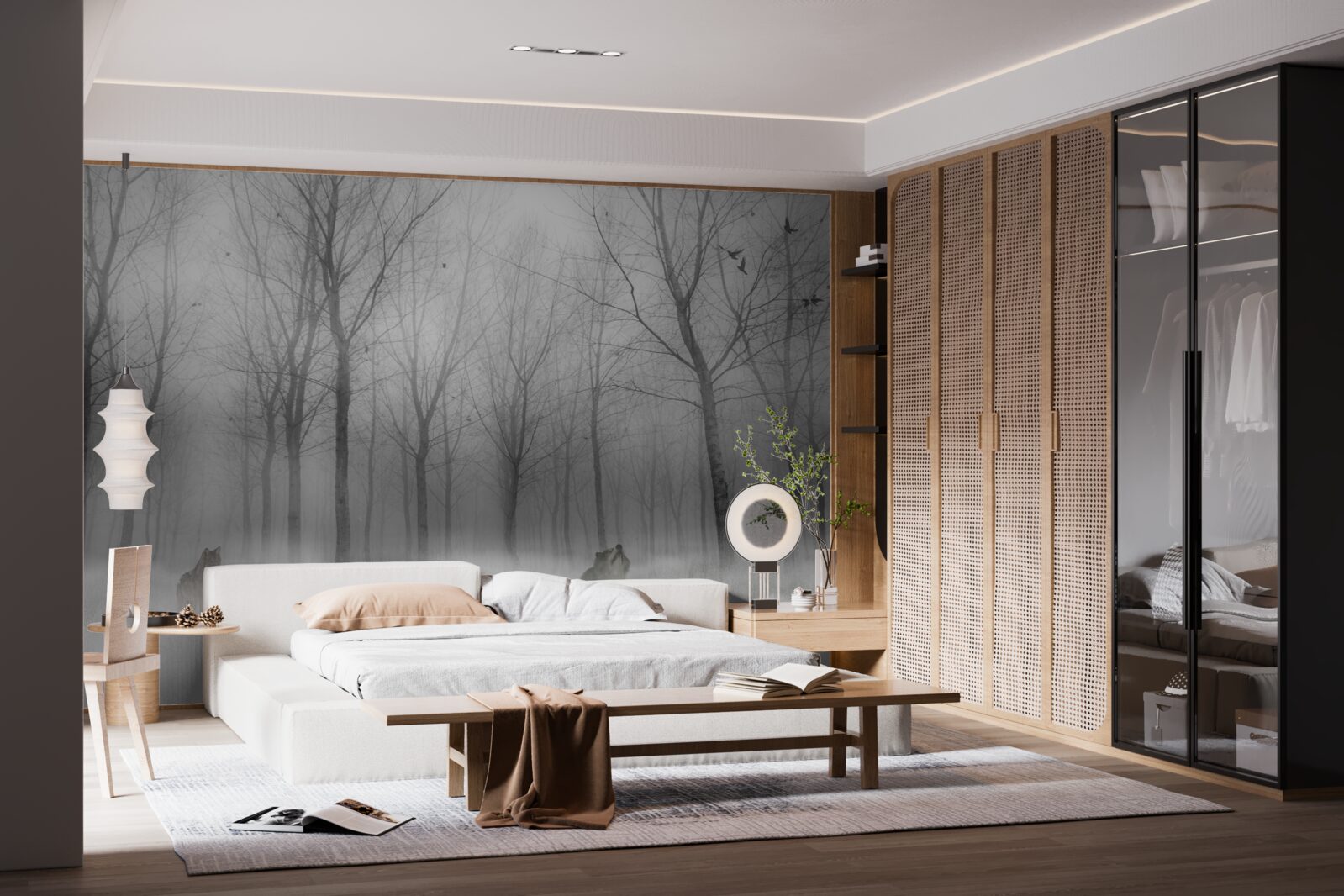 Fotobehang een winterdag in het bos, gehuld in mist