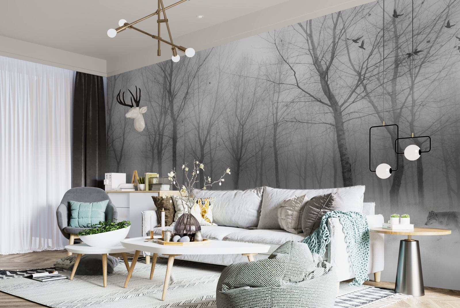 Fotobehang een winterdag in het bos, gehuld in mist