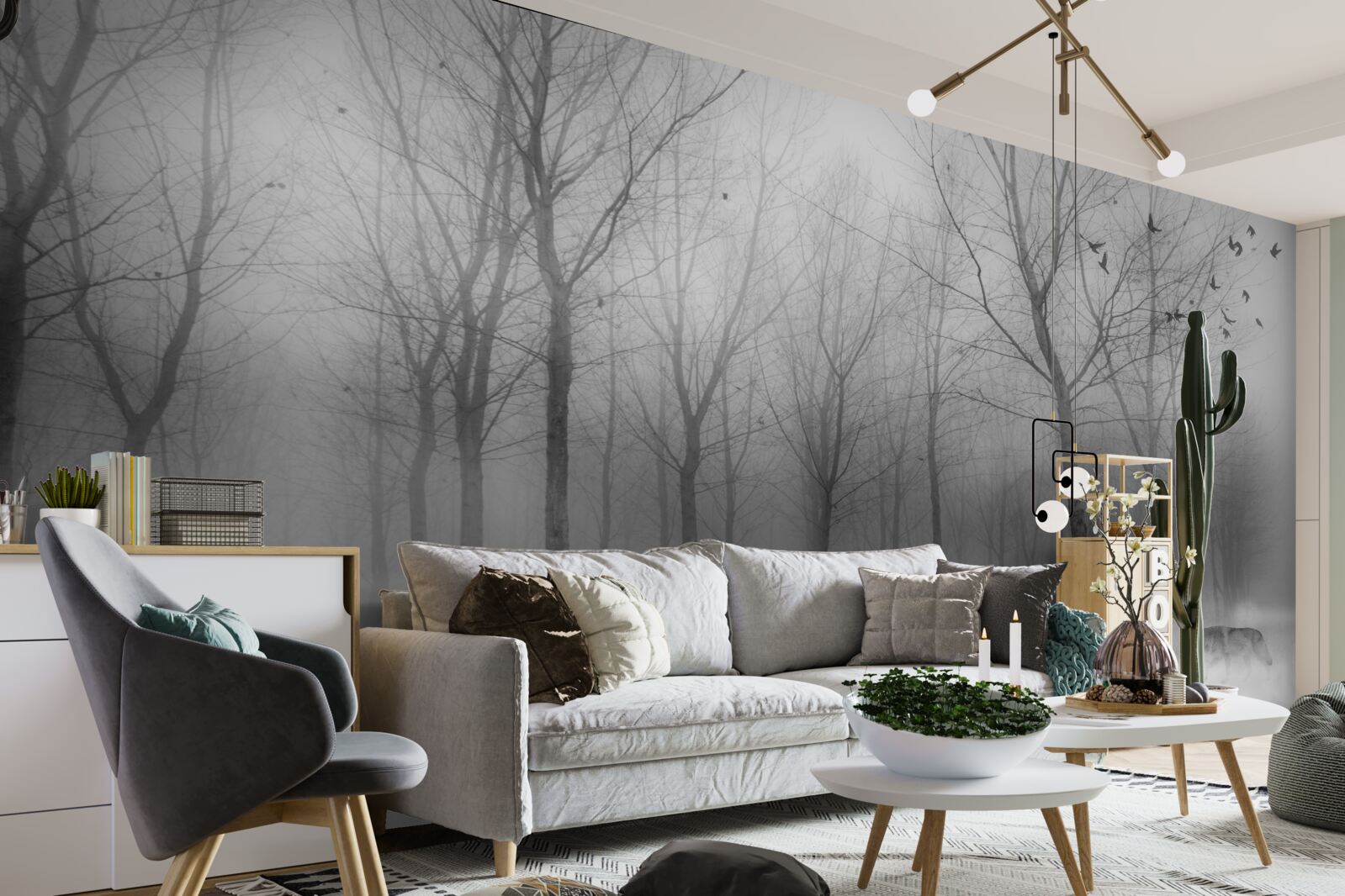 Fotobehang een winterdag in het bos, gehuld in mist