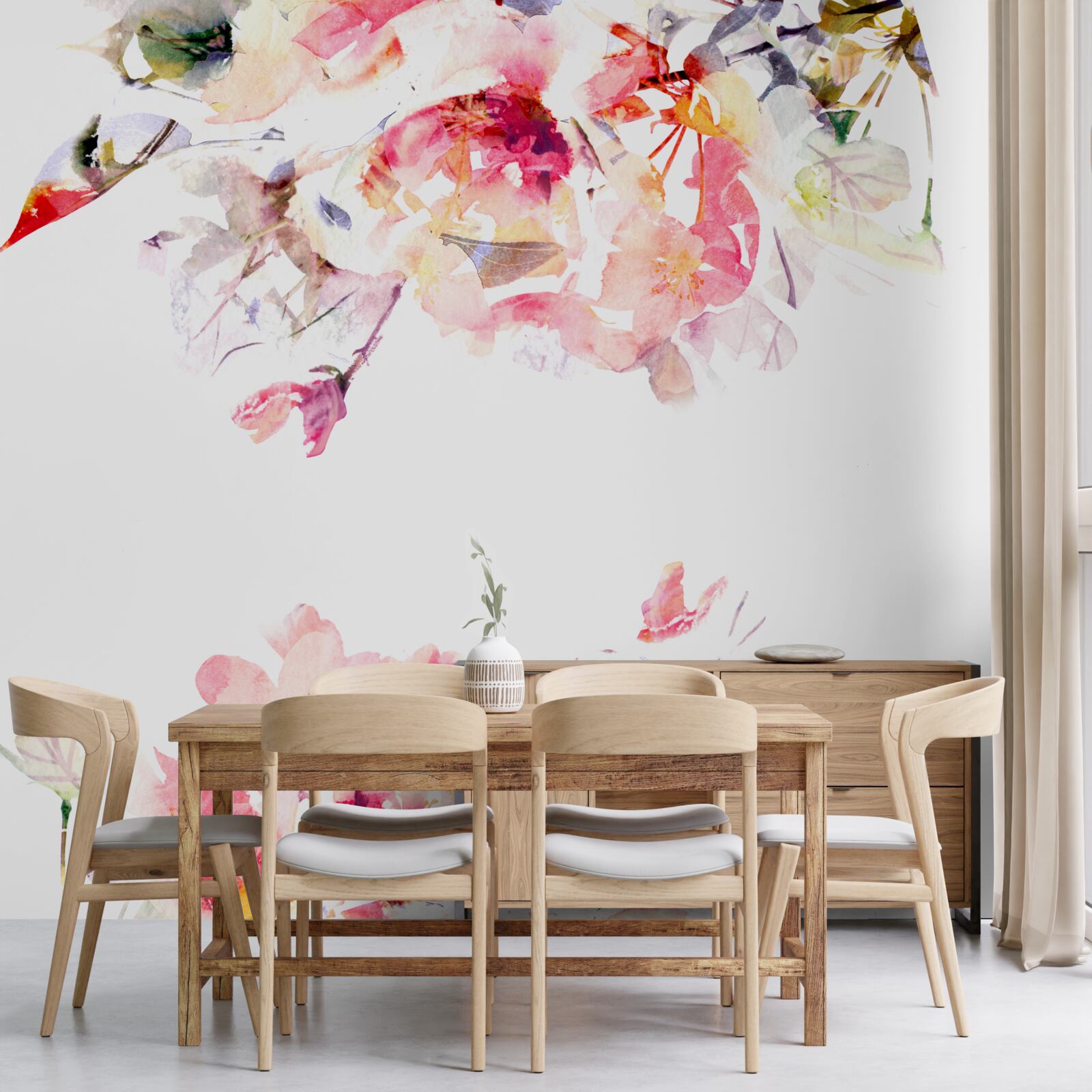 Fotobehang aquarel met vlinders en witte bloemen