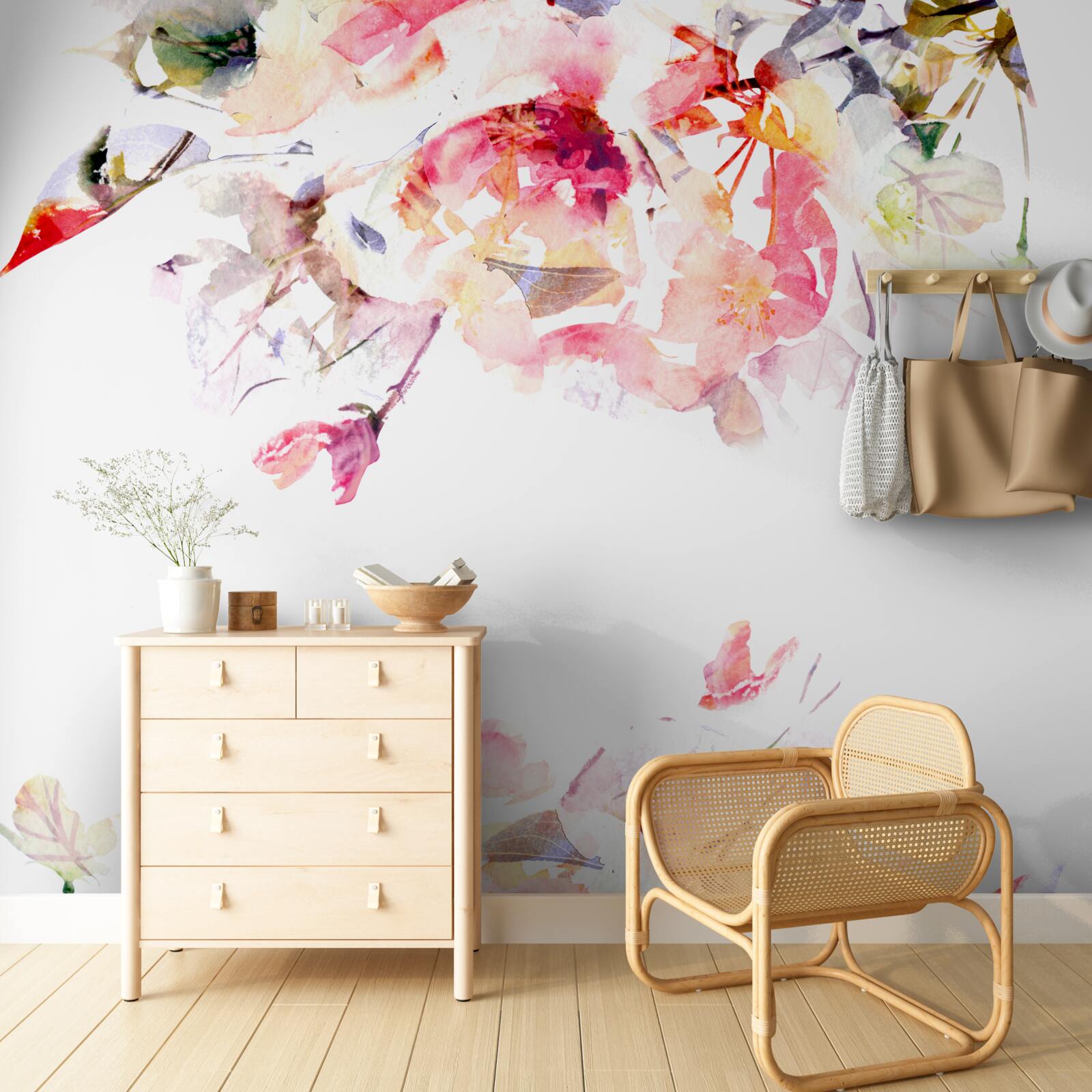 Fotobehang aquarel met vlinders en witte bloemen