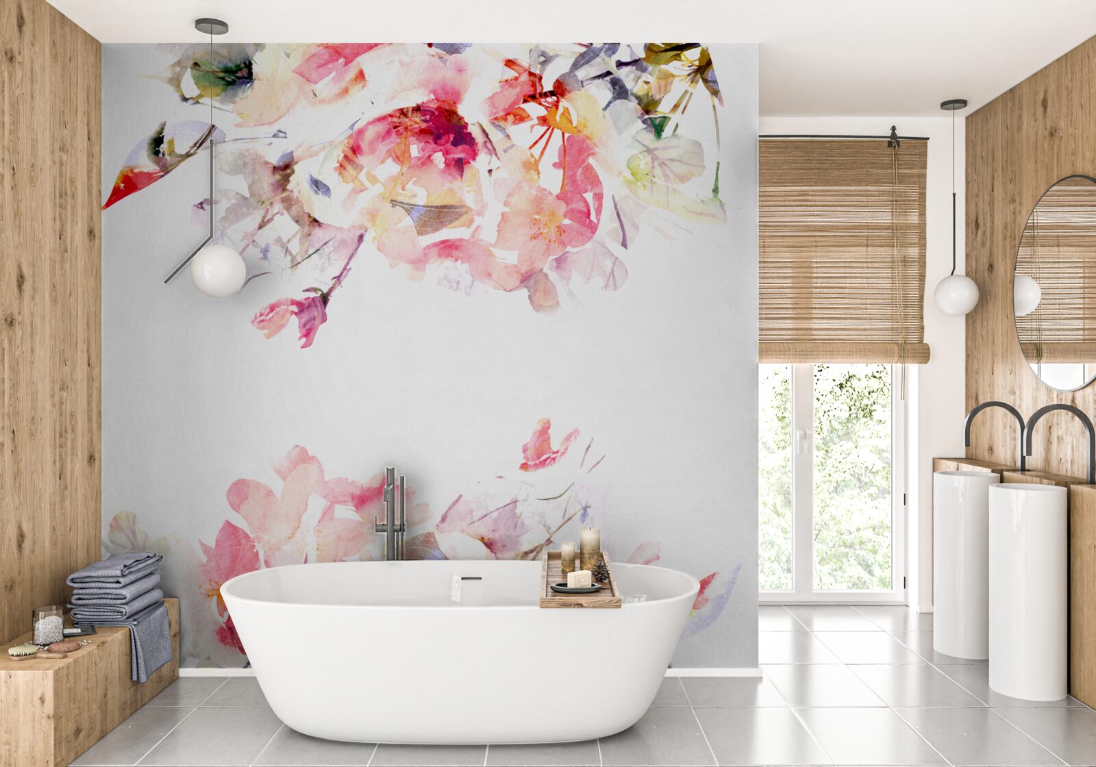 Fotobehang aquarel met vlinders en witte bloemen