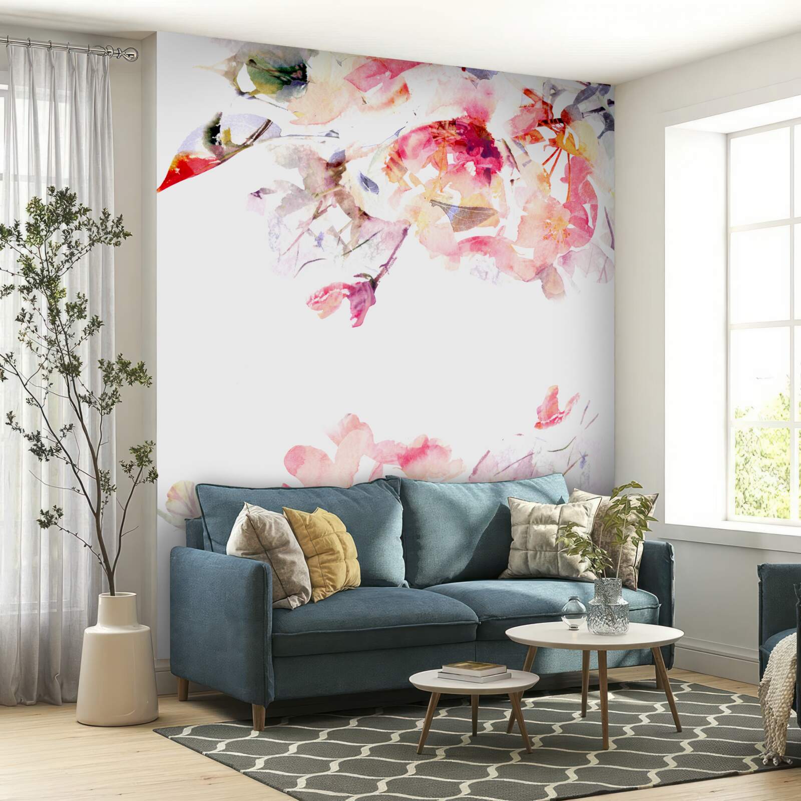 Fotobehang aquarel met vlinders en witte bloemen