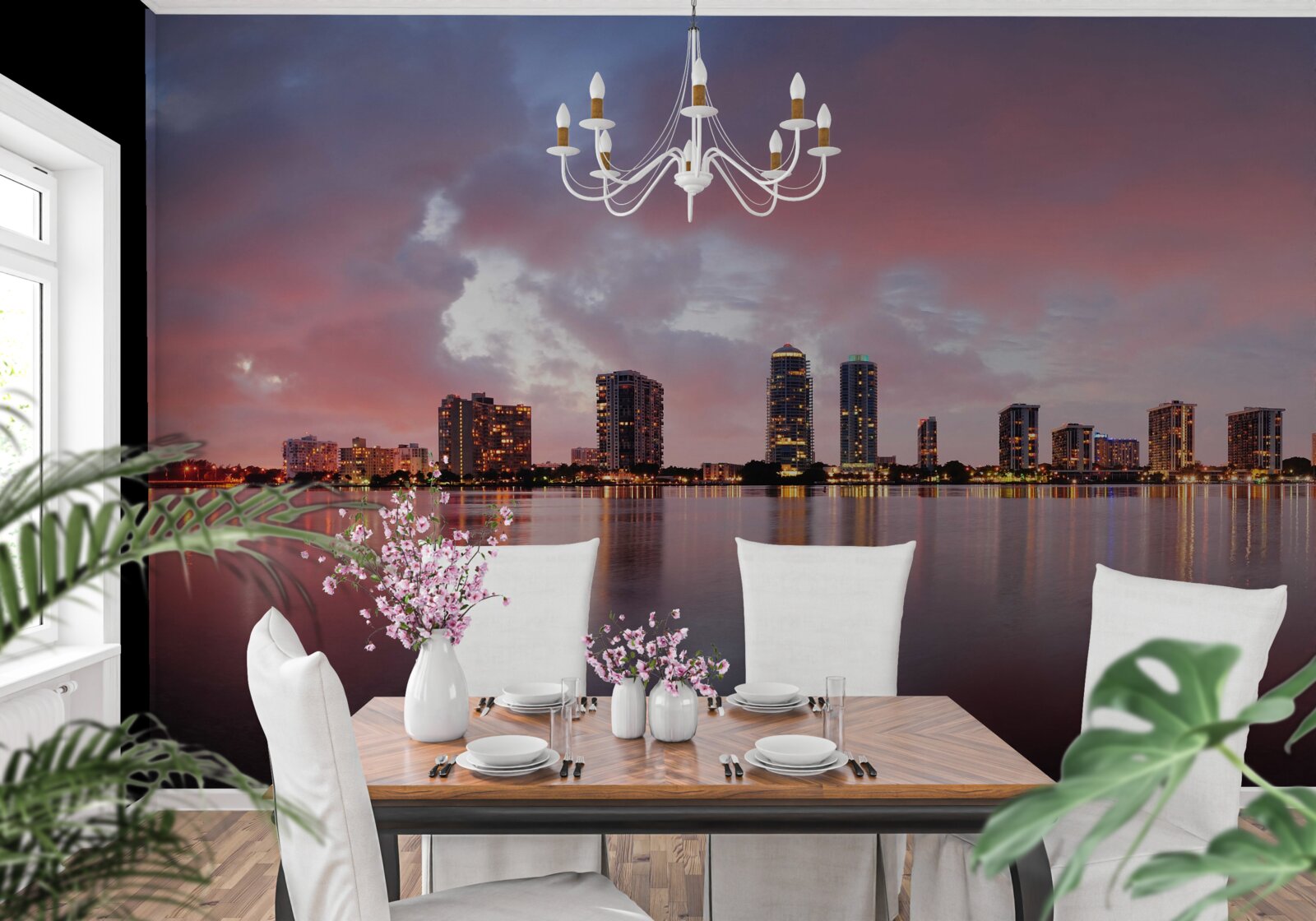 Fotobehang uitzicht op de stad, verspreid over het wateroppervlak