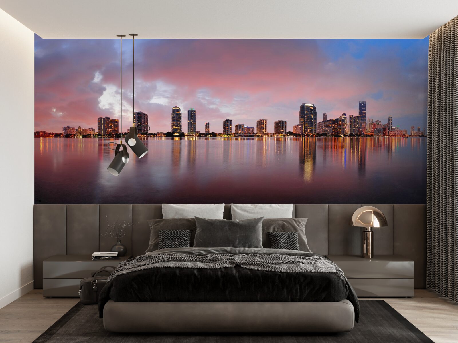 Fotobehang uitzicht op de stad, verspreid over het wateroppervlak