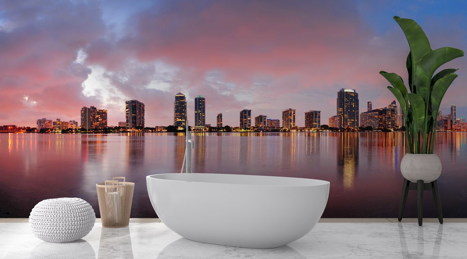 Fotobehang uitzicht op de stad, verspreid over het wateroppervlak