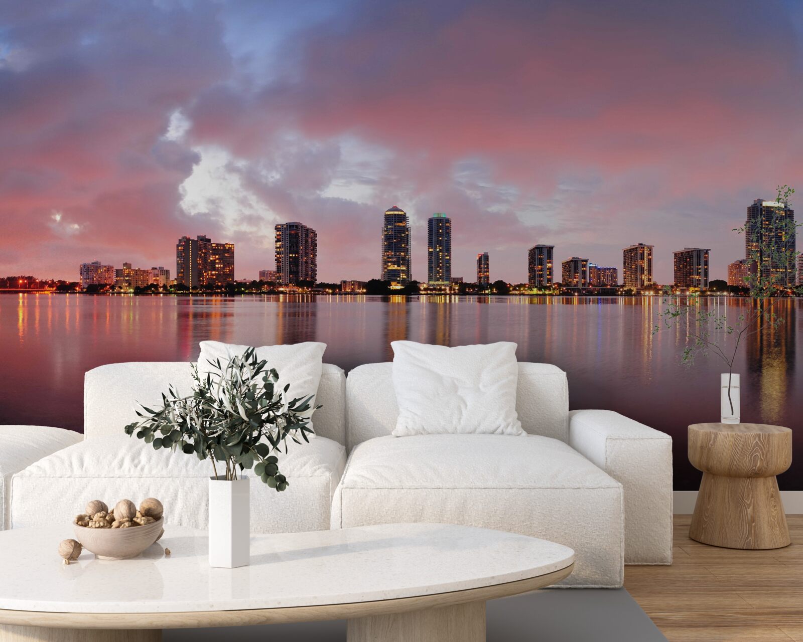 Fotobehang uitzicht op de stad, verspreid over het wateroppervlak