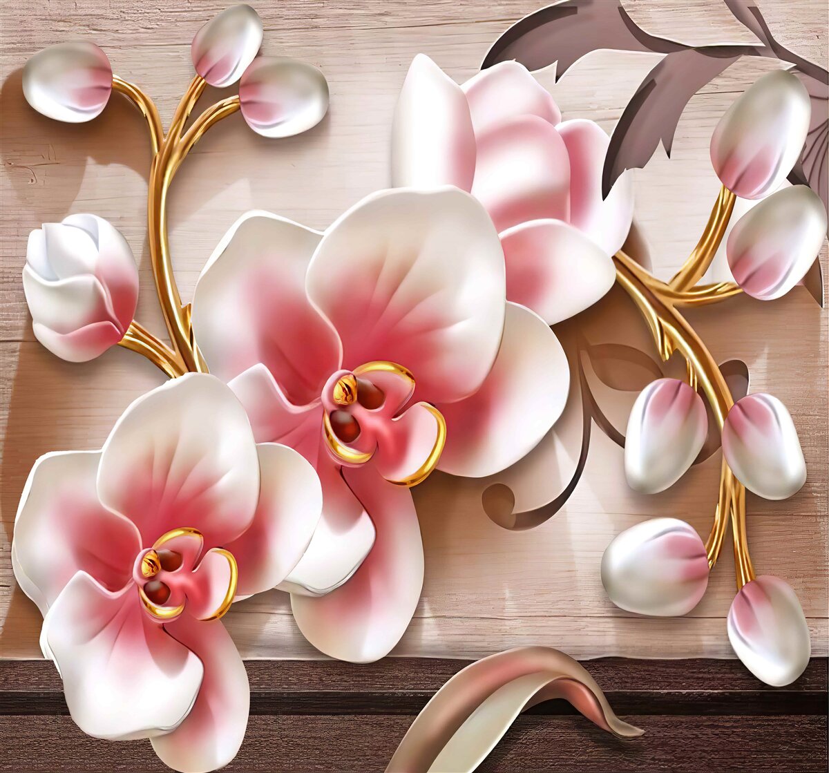 Fotobehang delicate roze bloemen met sierlijke gouden takken