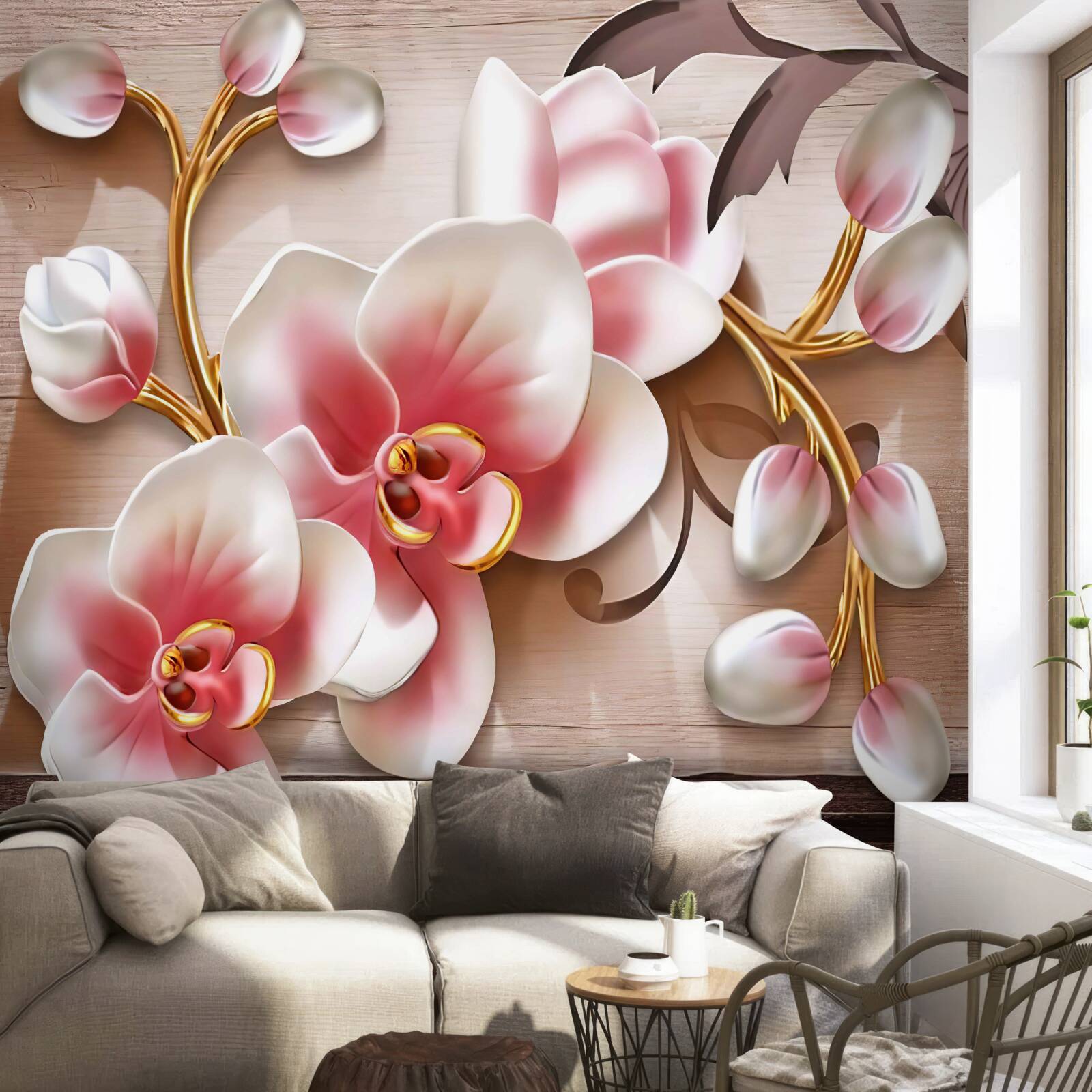 Fotobehang delicate roze bloemen met sierlijke gouden takken