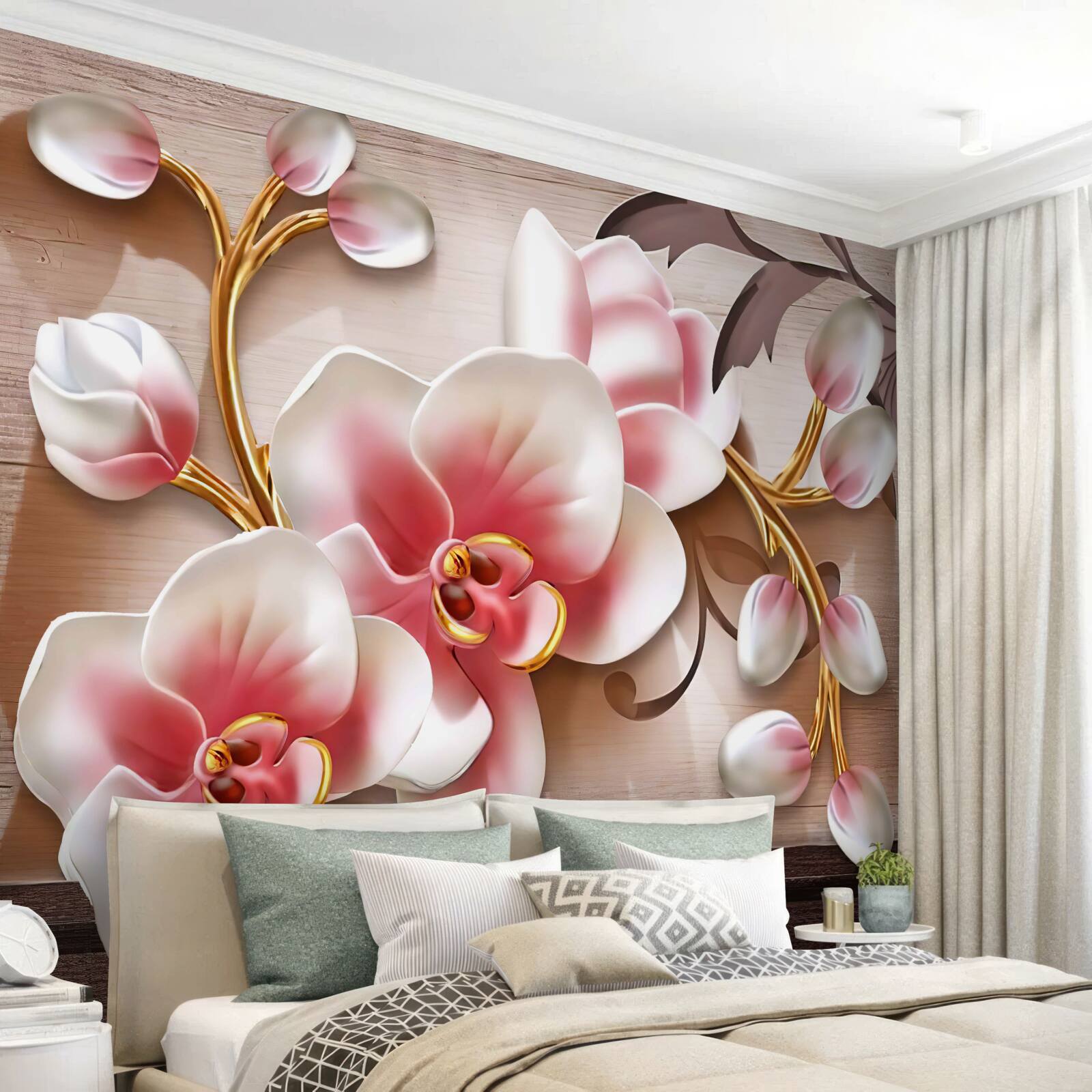 Fotobehang delicate roze bloemen met sierlijke gouden takken