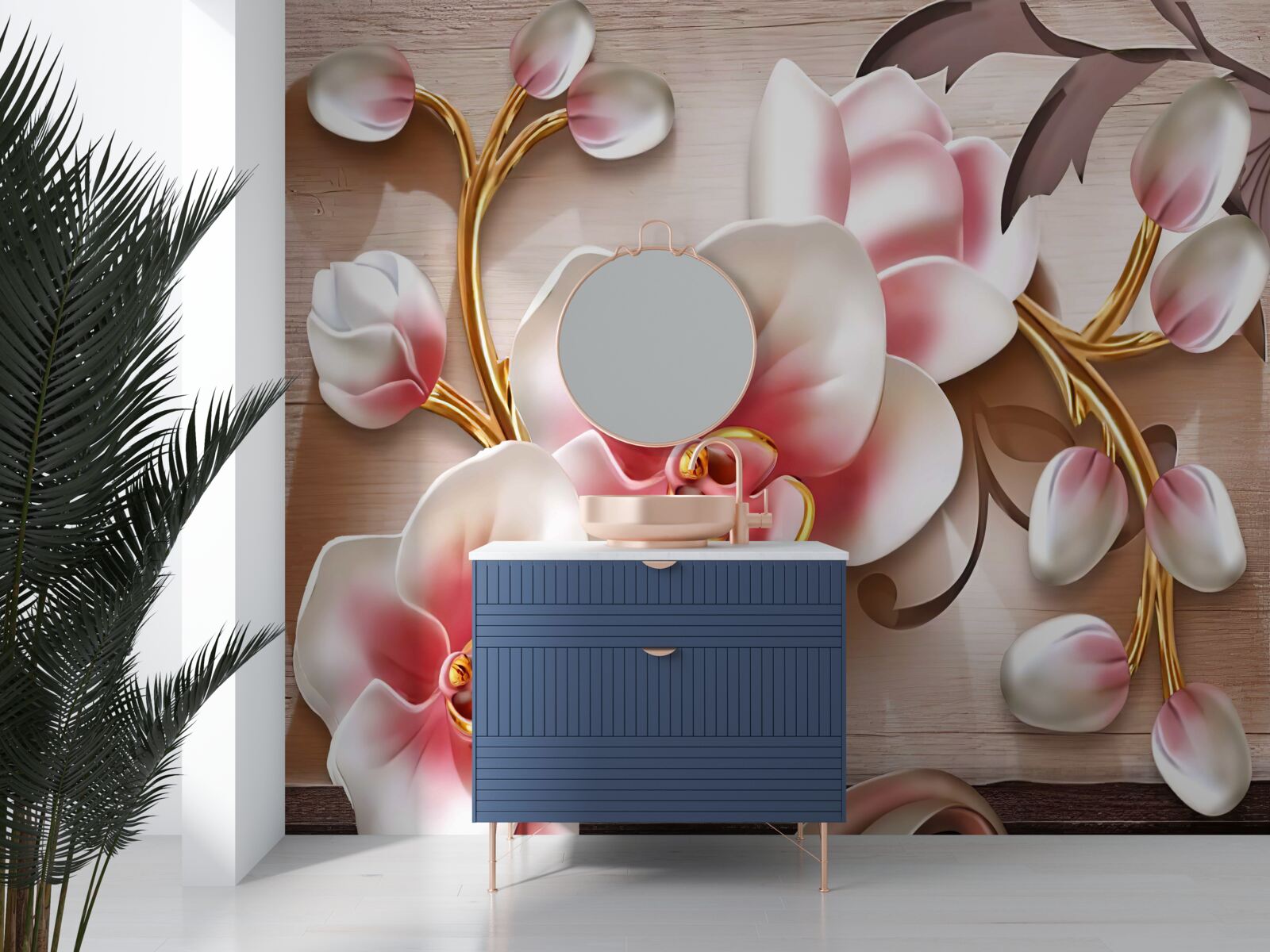 Fotobehang delicate roze bloemen met sierlijke gouden takken