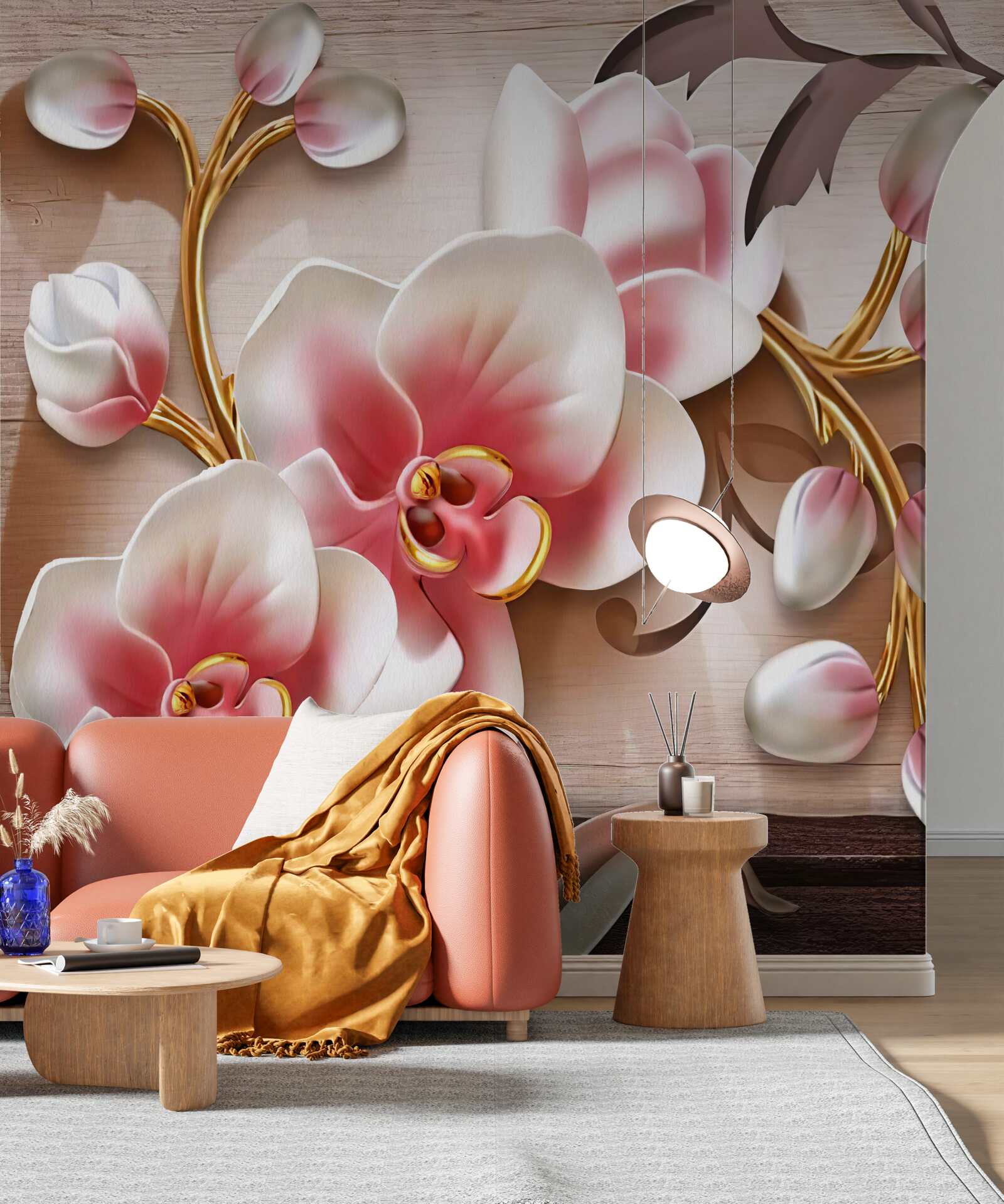 Fotobehang delicate roze bloemen met sierlijke gouden takken