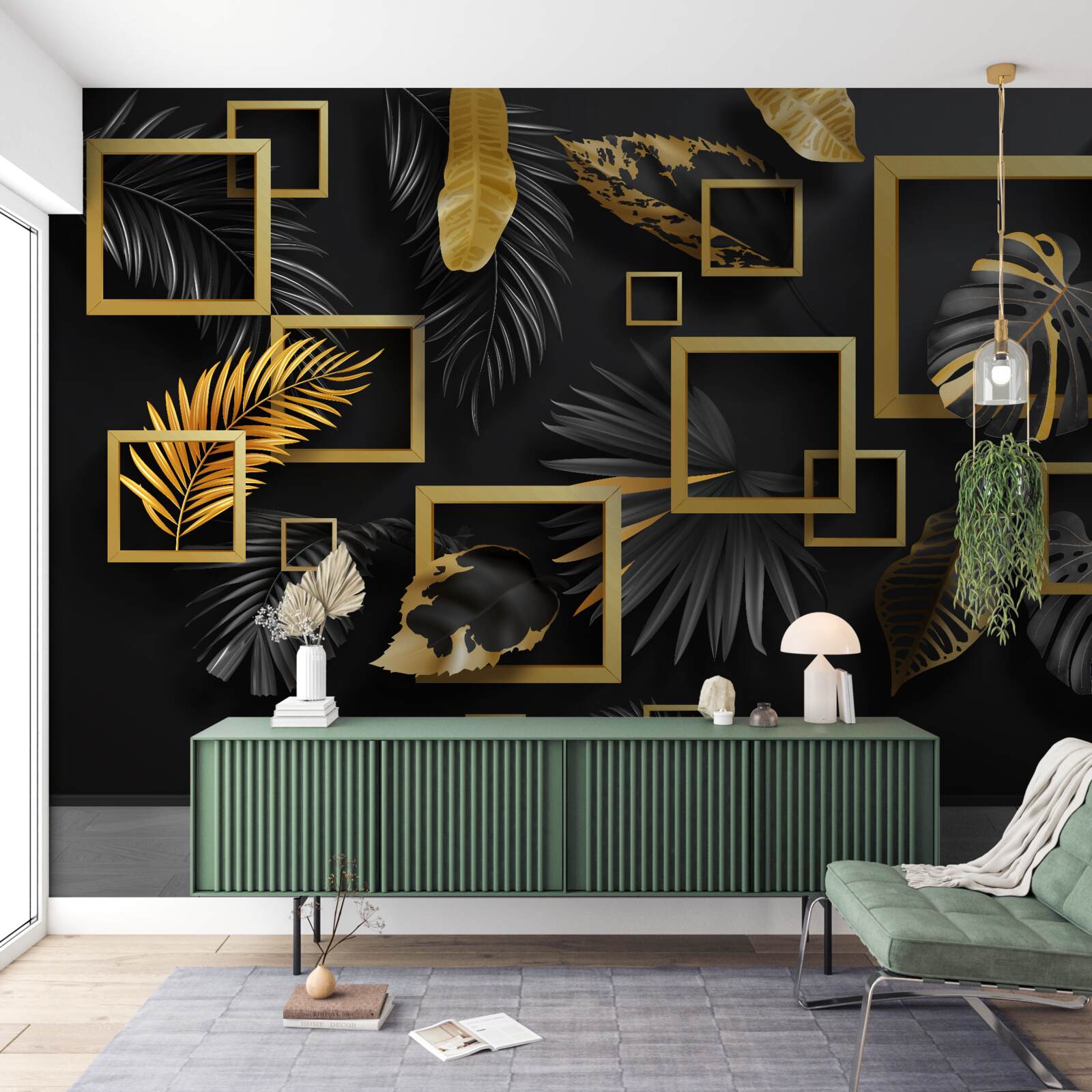 Fotobehang zwarte muur met gouden lijsten