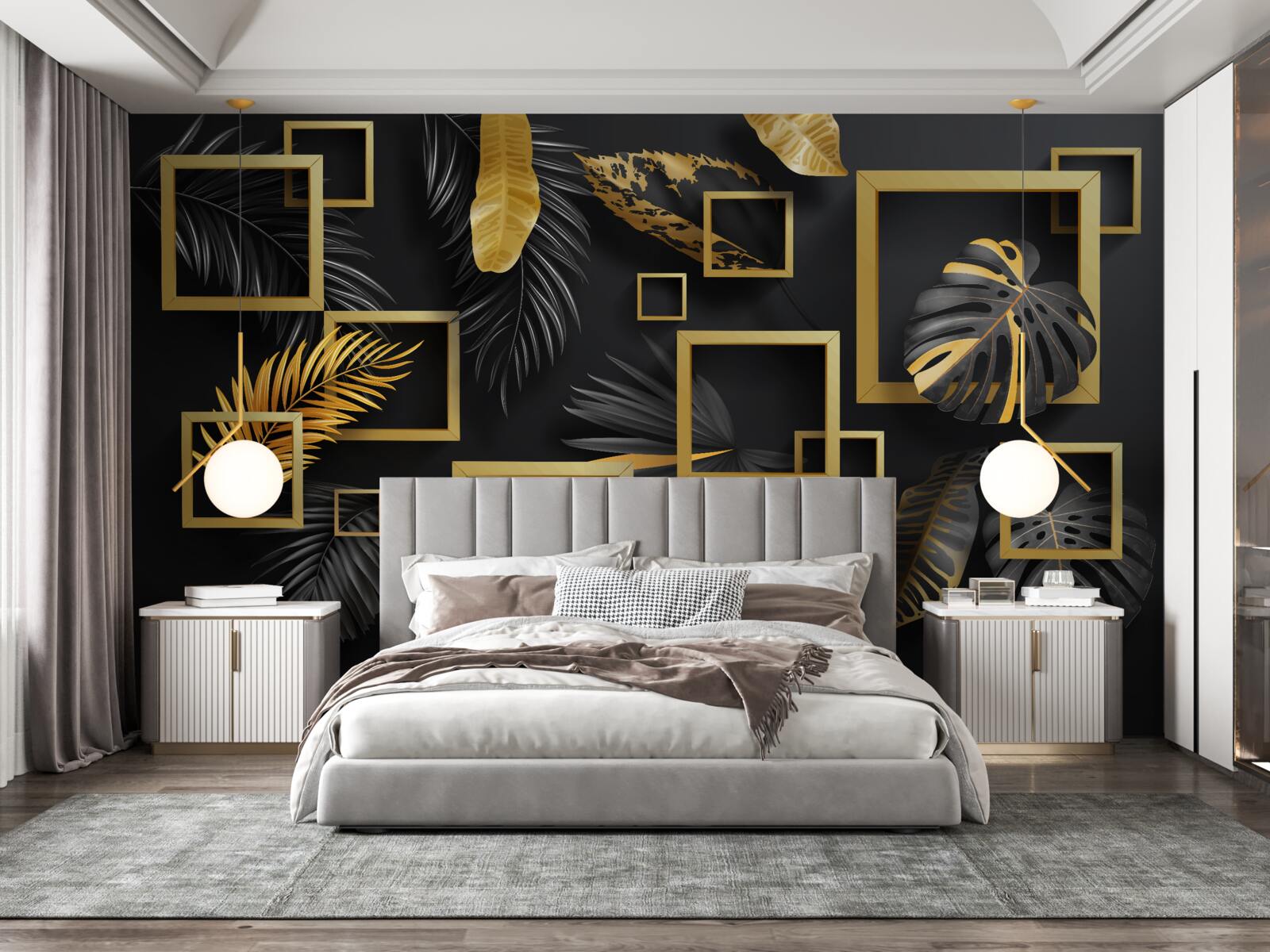 Fotobehang zwarte muur met gouden lijsten