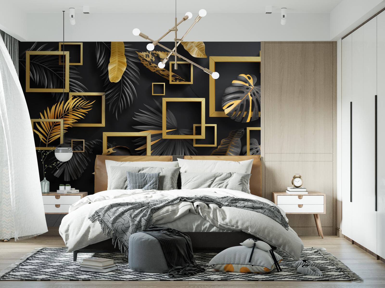 Fotobehang zwarte muur met gouden lijsten