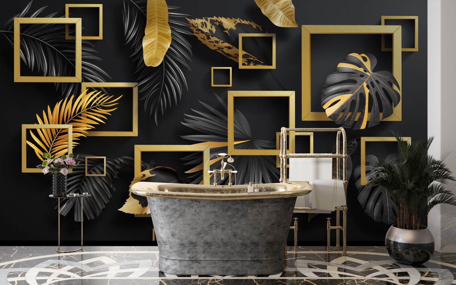 Fotobehang zwarte muur met gouden lijsten