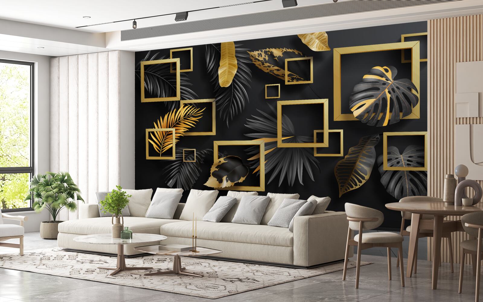 Fotobehang zwarte muur met gouden lijsten