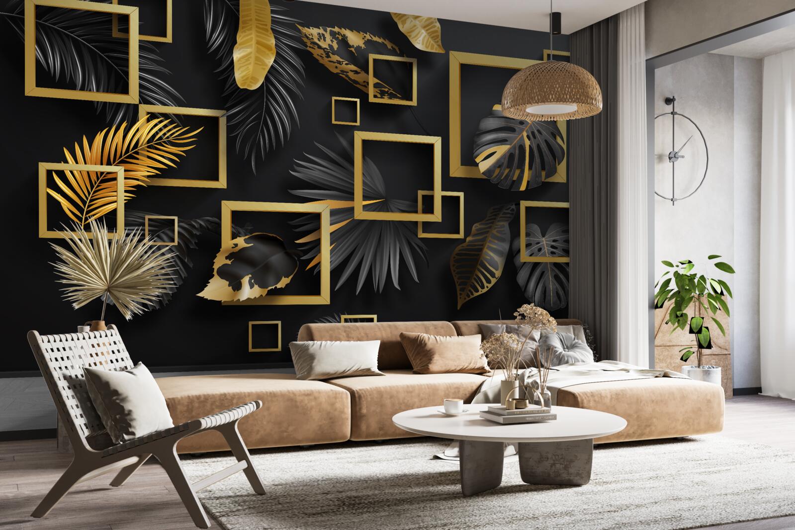 Fotobehang zwarte muur met gouden lijsten