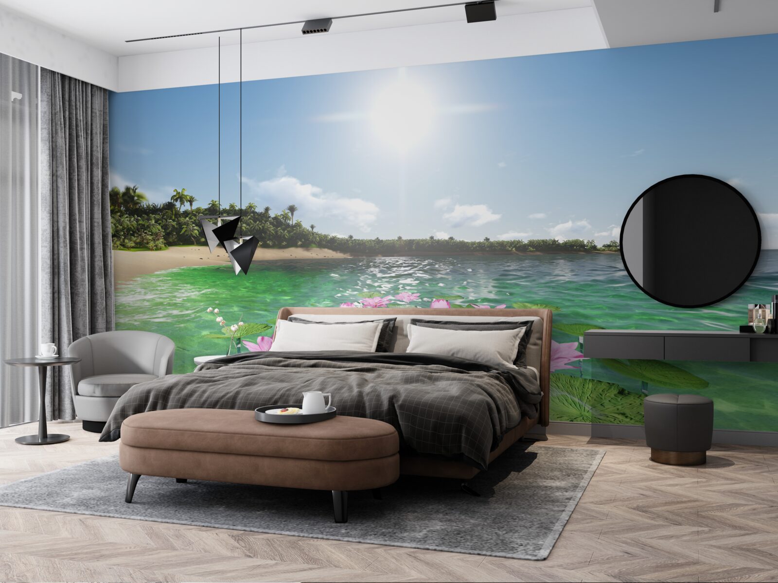 Fotobehang roze lotussen op het wateroppervlak