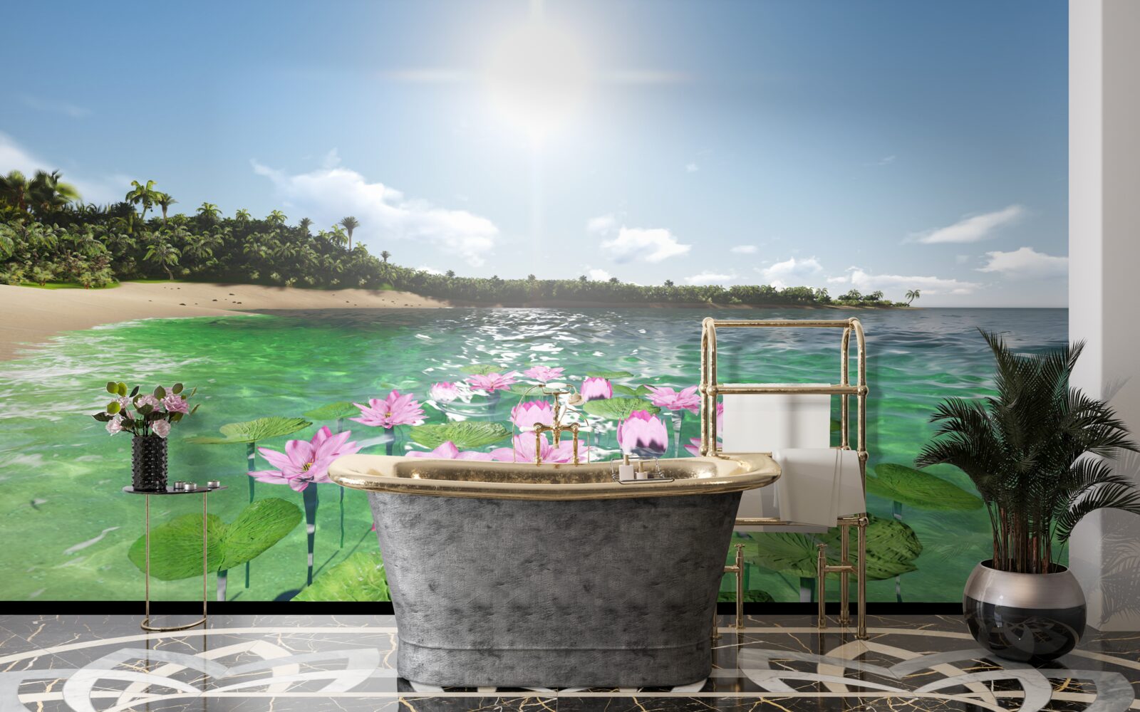 Fotobehang roze lotussen op het wateroppervlak