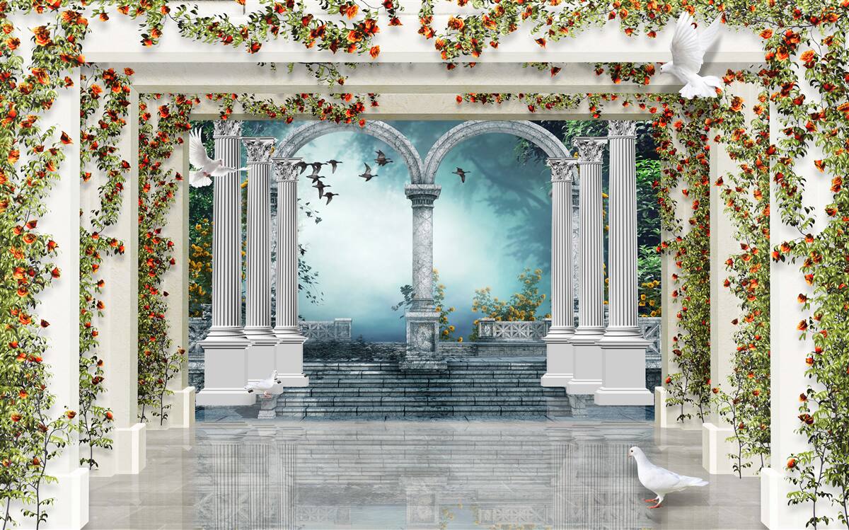 Fotobehang witte zuilen versierd met bloemen