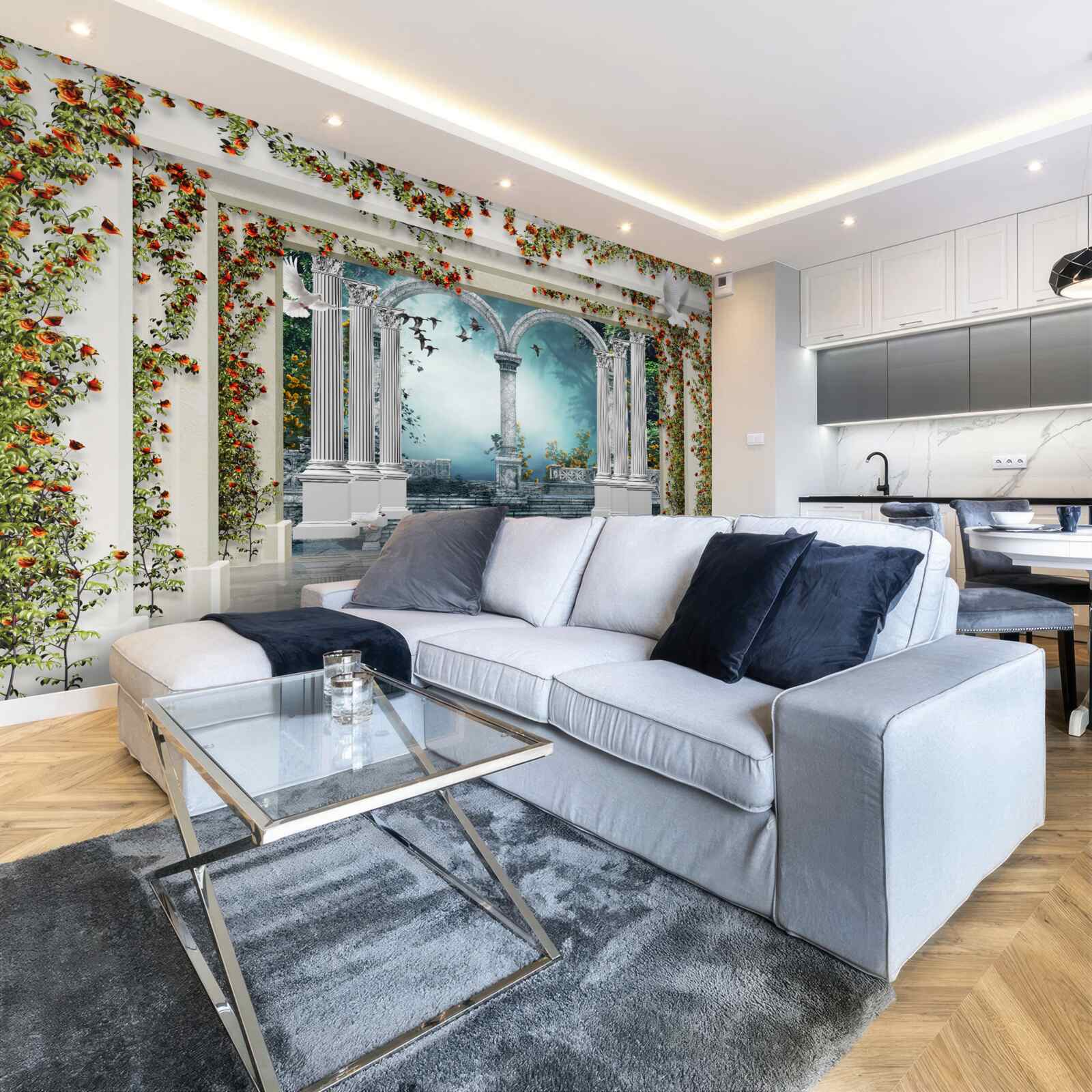 Fotobehang witte zuilen versierd met bloemen