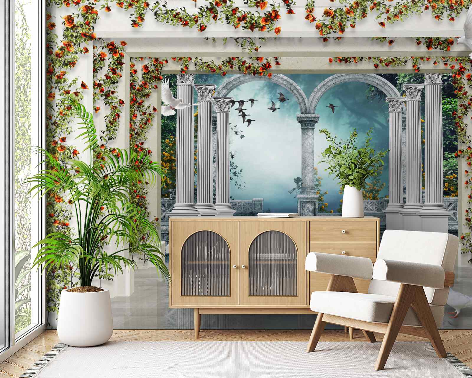 Fotobehang witte zuilen versierd met bloemen