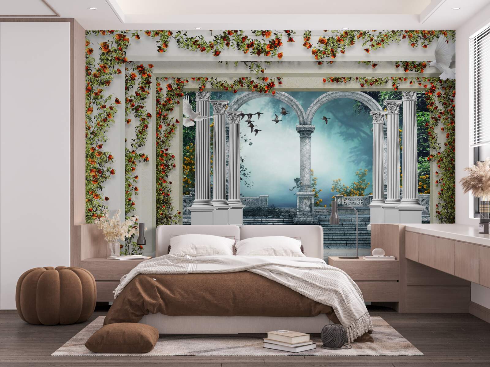 Fotobehang witte zuilen versierd met bloemen