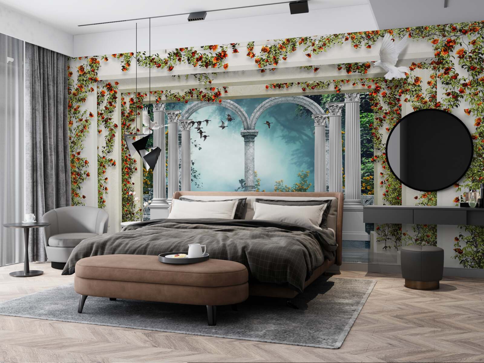 Fotobehang witte zuilen versierd met bloemen