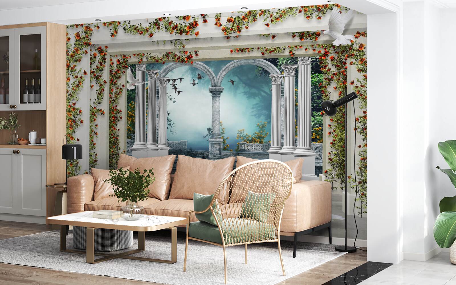 Fotobehang witte zuilen versierd met bloemen