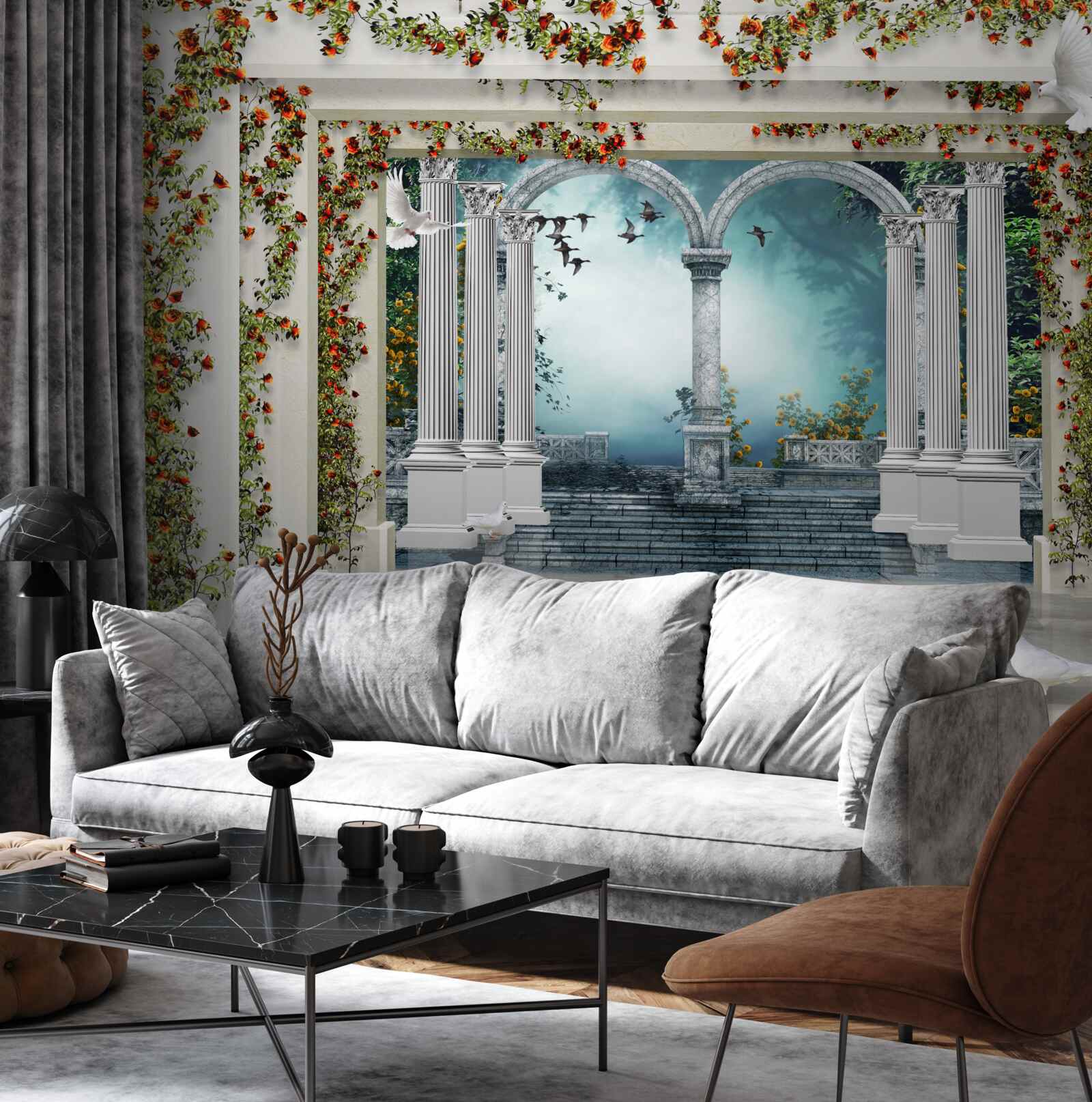 Fotobehang witte zuilen versierd met bloemen