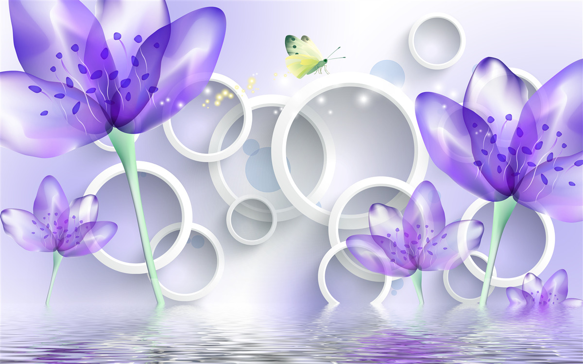 Fotobehang fantastische paarse bloemen en sneeuwwitte cirkels