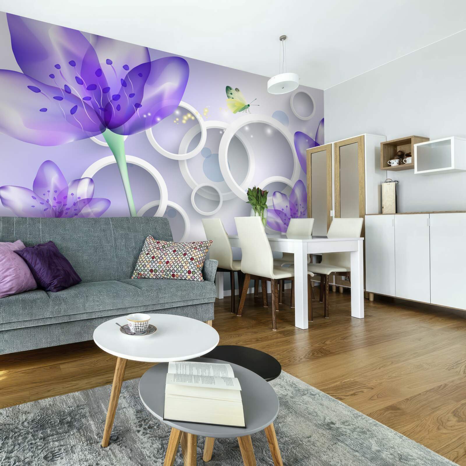 Fotobehang fantastische paarse bloemen en sneeuwwitte cirkels