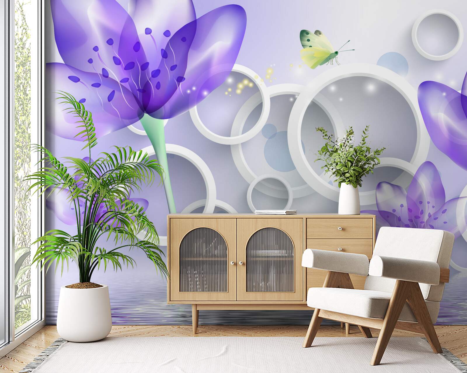 Fotobehang fantastische paarse bloemen en sneeuwwitte cirkels