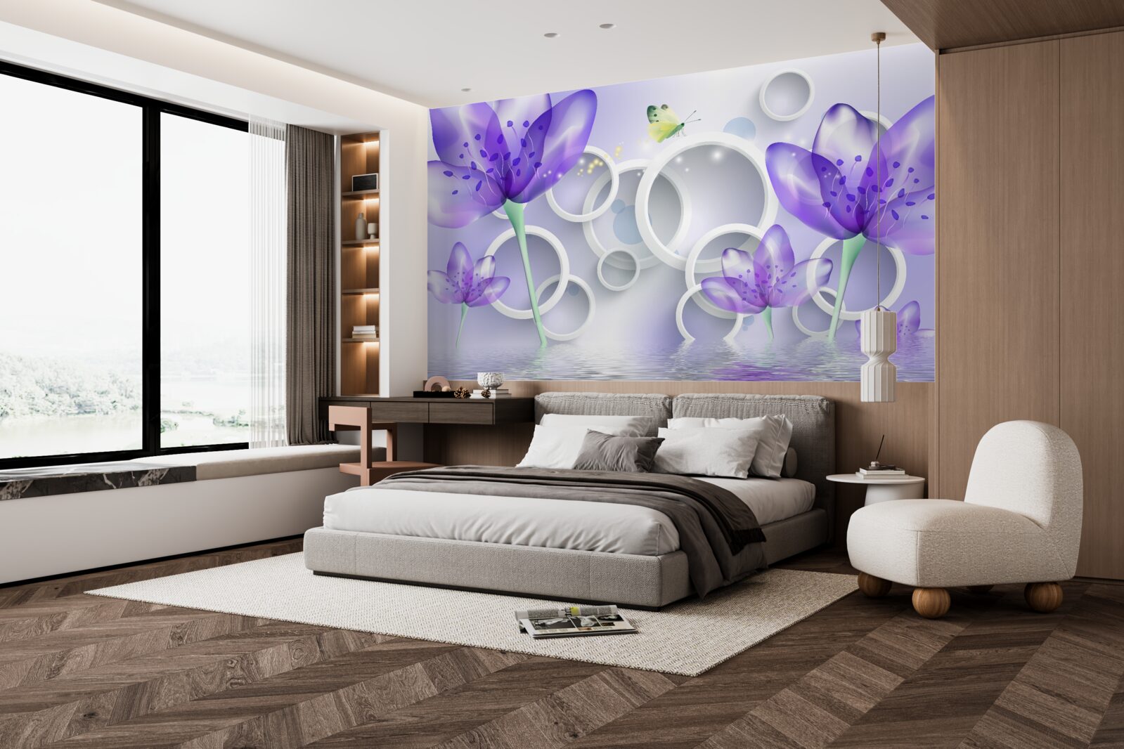 Fotobehang fantastische paarse bloemen en sneeuwwitte cirkels