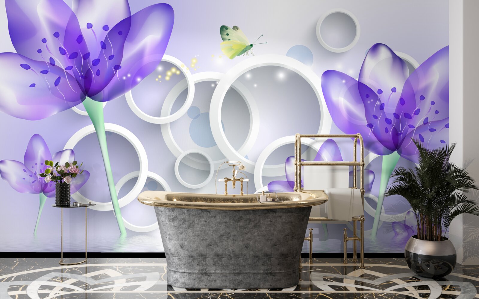 Fotobehang fantastische paarse bloemen en sneeuwwitte cirkels