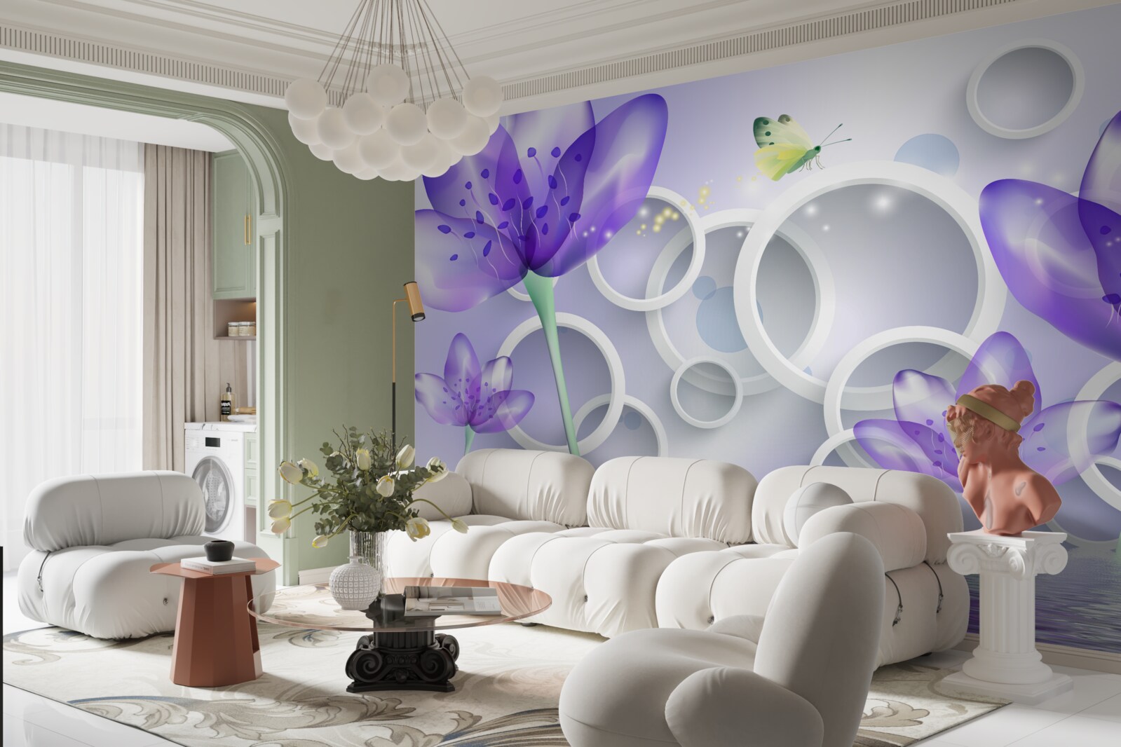 Fotobehang fantastische paarse bloemen en sneeuwwitte cirkels