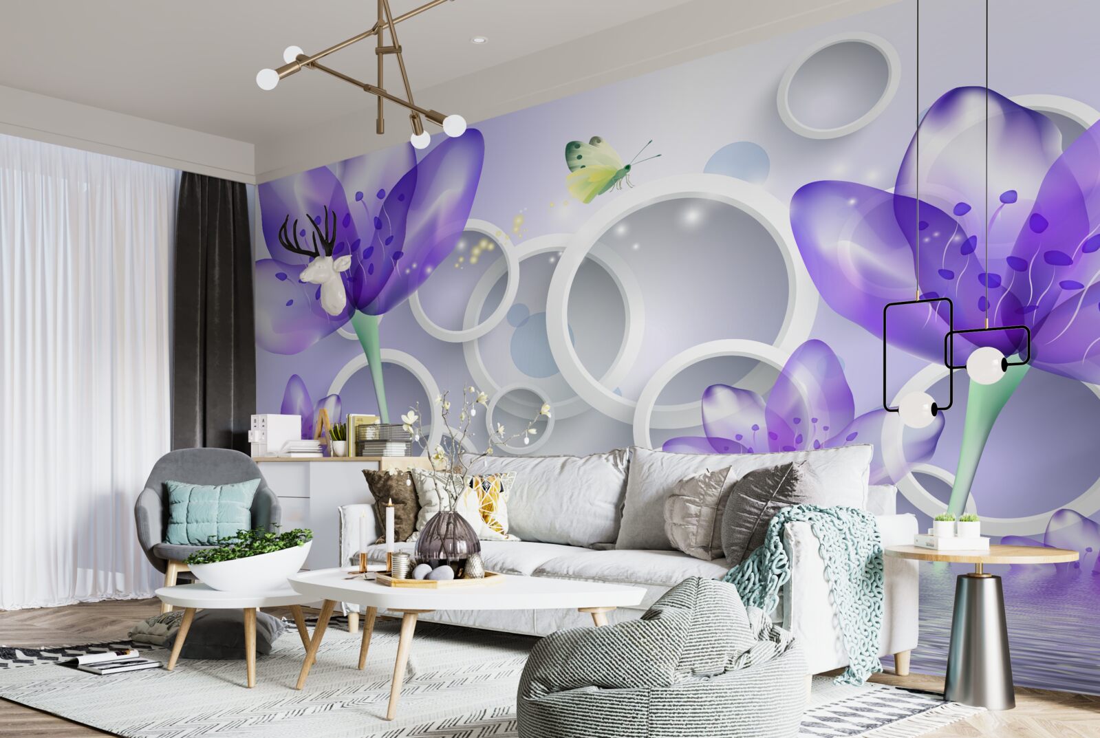 Fotobehang fantastische paarse bloemen en sneeuwwitte cirkels