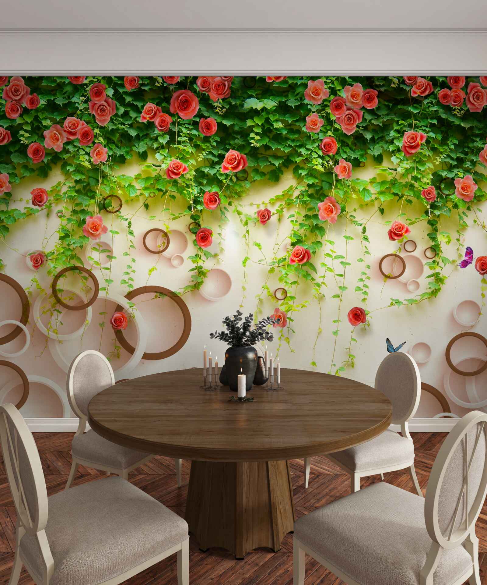 Fotobehang roze rozen aan de wijnstok