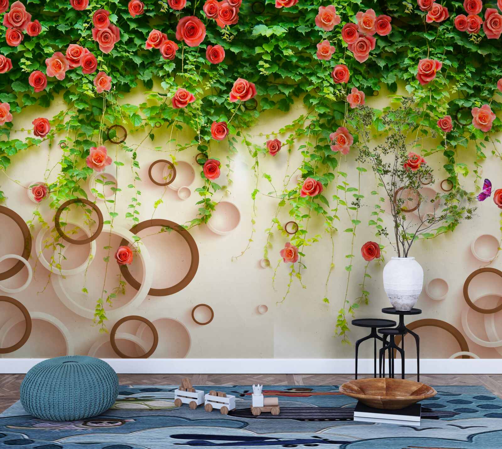 Fotobehang roze rozen aan de wijnstok