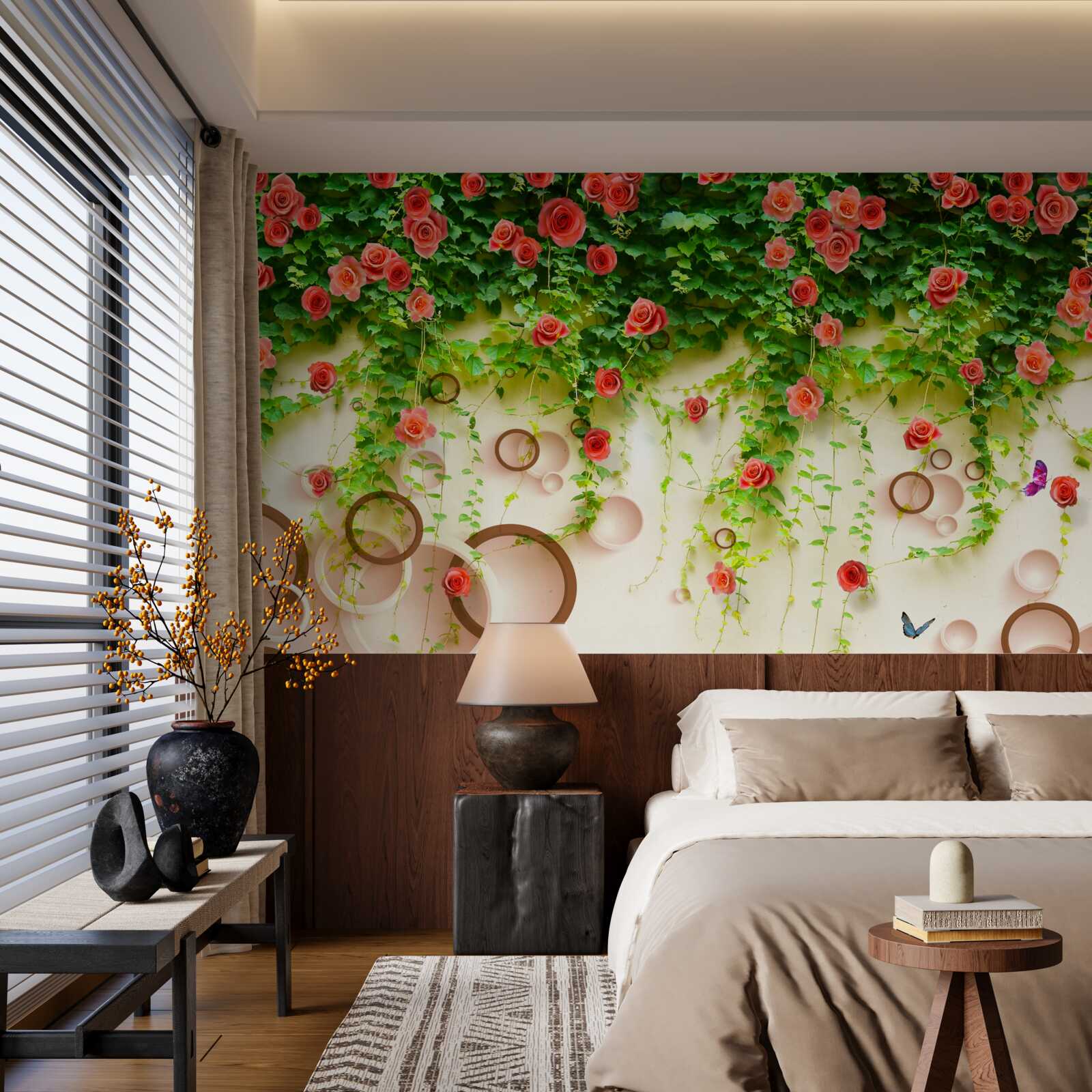 Fotobehang roze rozen aan de wijnstok