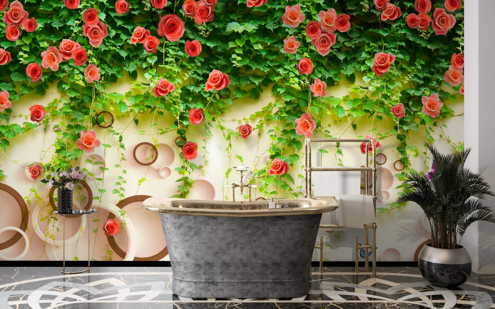 Fotobehang roze rozen aan de wijnstok