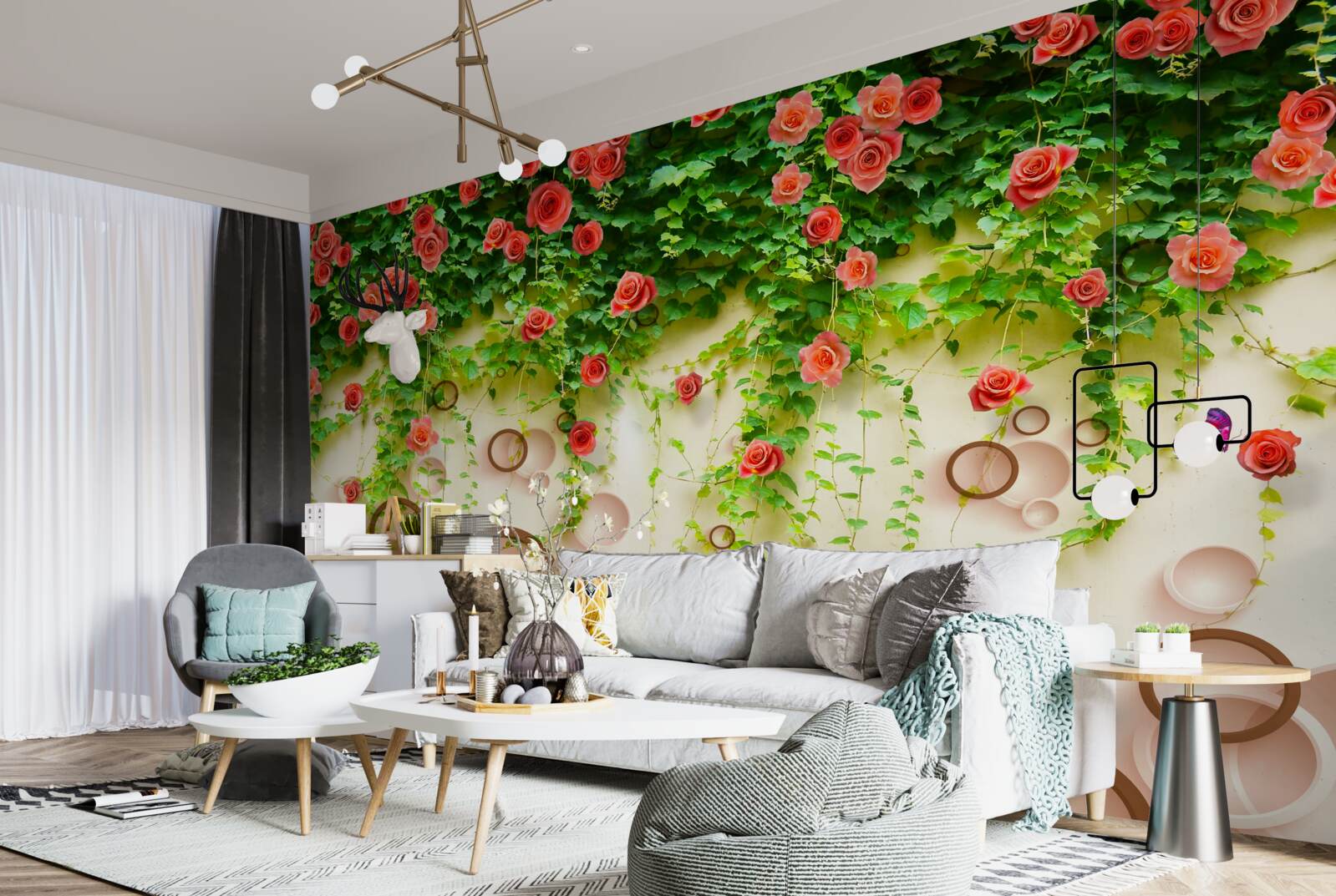 Fotobehang roze rozen aan de wijnstok