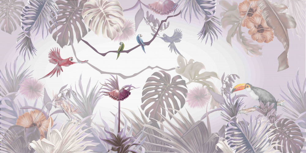 Fotobehang toekans en papegaaien tussen palmbladeren